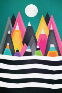 A graphic with pink, yellow, blue, and gray triangular mountains against a teal sky with a moon above it and black and white striped waves underneath