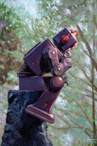“Collator” by Eric Joyner shows a robot with red eyes sitting on a rock while imitating the pose seen in Auguste Rodi’s famous sculpture “The Thinker”.