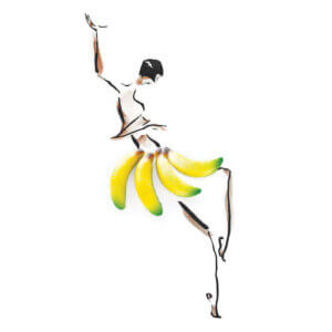Line illustration of a woman dancing wearing skirt made of real bananas