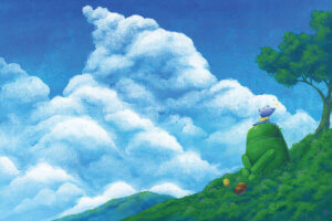 A green robot with a purple cat on its head sitting on a green hill under a tree looking at large white clouds