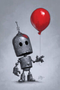 “The Red Balloon” by Matt Dixon shows an aluminum robot holding a red balloon.