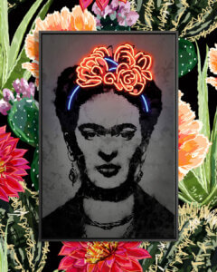 Black and white portrait of Frida Kahlo wearing a neon-lit flower crown over a floral background