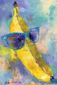 Banana wearing sunglasses on an abstract purple, yellow and teal background