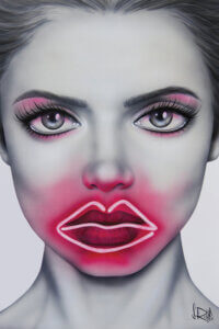 Portrait of a female face with her lips outlined in a pink neon light