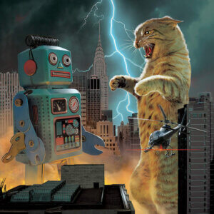 “Catzilla Vs Robot” by Vincent Hie shows a giant cat hissing at a giant robot in front of the Empire State Building while lightning strikes in the background and a helicopter approaches.