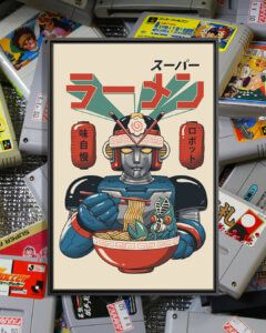 “Super Ramen Bot” by Vincent Trinidad shows a transformer-like robot wearing a helmet featuring kamaboko and chopsticks while eating ramen.