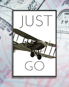 “Vintage Airplanes I” by Michael Marcon shows a black and white photo of an airplane flying through the words ‘just go’.