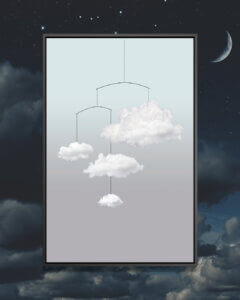 “Cloud Mobile” by Amy & Kurt Berlin shows four clouds hanging from a mobile against a blue and gray background.
