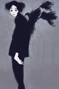 “Bad Dream” by Anikó Salamon shows a woman with disheveled hair and shadow-like crows gathering near her back.