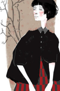 “Banality Of Life” by Anikó Salamon shows a woman with rosy cheeks wearing a black jacket and red-checkered dress standing in front of a bare tree.