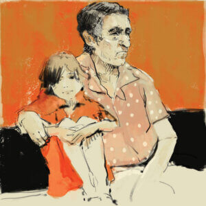 “Granddad” by Anikó Salamon shows a man with gray hair wearing a salmon polka dot shirt with his arm wrapped around a young child in an orange dress.