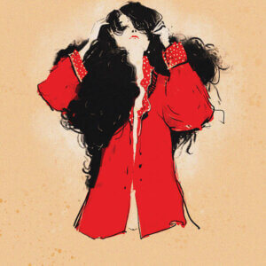 “Little Nude” by Anikó Salamon shows a woman with long, curly black hair wearing a red blazer-style jacket.
