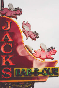 Photo of neon sign for restaurant called Jacks Bar-b-que in Nashville, Tennessee
