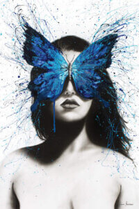 “Butterfly Mind” by Ashvin Harrison shows a profile of a woman in black and white with a blue butterfly covering her eyes