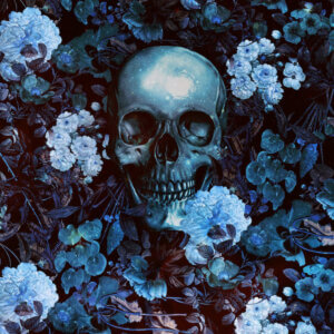 “Skull And Flowers” by Burcu Korkmazyurek shows a blue skull buried in an array of blue flowers.