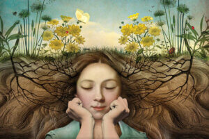 “Listen” by Catrin Welz-Stein shows a girl resting her face on her hands while her hair extends outward and acts as the foundation for a garden blooming above her.