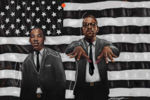 “Activonia” by Chuck Styles shows civil rights leaders Martin Luther King Jr. and Malcolm X posed similarly to the iconic duo Big Boi and Andre 3000 from Outkast.