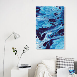 “Abstract XIX” by Destiny Womack shows ripples of various toned blues creating a liquid-like effect.