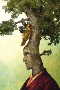 “Tenacious” by Diogo Verissimo shows a tree wearing a maroon blazer with a face emerging from its trunk and a bird perched in the branches above.