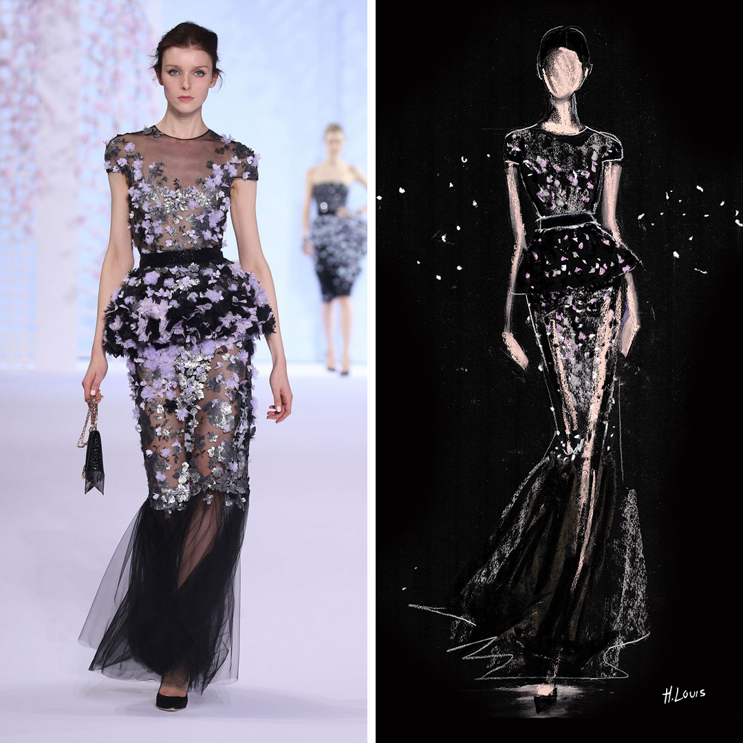 “Glitter Peplum” by Hodaya Louis shows a woman in a long, sparkly, black gown against a black background, inspired by a look seen on the Ralph & Russo runway. 