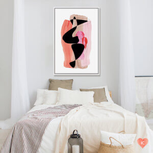 “Feminist I” by Honeymoon Hotel shows a pink, coral, and black abstraction featuring thin lines against a white background.