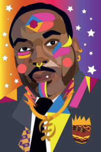 “MLK” by Indie Lowve shows a colorful portrait of Martin Luther King in a gray suit with African-inspired design elements across his blazer and face.