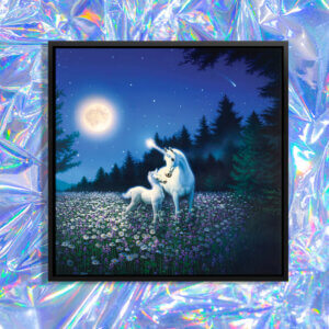 “Spring Beauty” by Kirk Reinert shows two unicorns standing in a floral field surrounded by trees underneath a glowing moon in a blue sky.