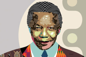 “Nelson Mandela” by Lanre Studio shows a Nelson Mandela portrait created using various colors, shapes, and patterns.