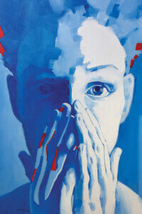 “Night Vision” by Li Zhou shows the face of a person in blue holding their hands over their mouth with hints of red.