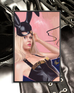 “Aleyna” by Mahyar Kalantari shows a blonde woman in a black Moschino corset wearing a bunny mask against a pink background.
