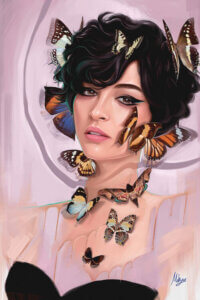 “Butterfly Cream” by Mahyar Kalantari shows a girl with short, dark hair while butterflies rest on her chest and face.