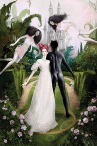 “Garden” by Mahyar Kalantari shows a woman in a white dress with pink hair beside a black devil-like human in a garden while two faceless figures fly above them and a castle sits in the background.