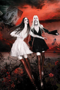 “Givenchy” by Mahyar Kalantari shows two women in black and white dresses with thigh high red boots standing in a black field of flowers with a red sky and flying house in the background.