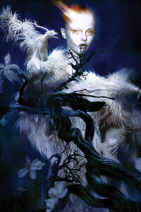 “Iris Van I” by Mahyar Kalantari shows black twisted branches leading up to a woman’s glowing face while a white, feathery bird-like creature holds its mouth open beside her.