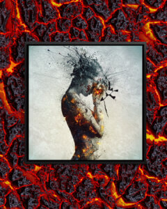 “Deliberation” by Mario Sanchez Nevado shows a woman covering her face while wisps of gray burst from her head and fire-like orange tones shine through her body.