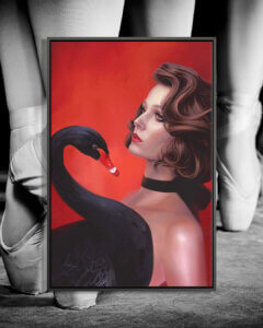 “Black Swan” by Mahyar Kalantari shows a woman wearing red lipstick with a black swan covering her chest.