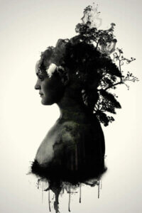 “Mother Earth” by Nicklas Gustafsson shows the profile of a person with shadowy foliage growing out of their head and neck.