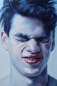 “Closed Eyes” by Oleksandr Balbyshev shows a blue-toned profile of a man tightly holding his eyes closed.