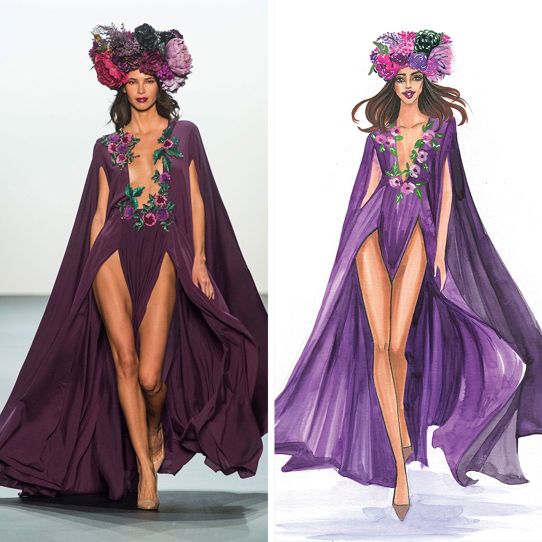 “Michael Costello SS17 Collection” by Rongrong DeVoe shows a woman wearing a flower crown on her head and a purple gown with a front slit and floral details, inspired by a gown seen on the Michael Costello runway. 