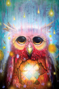 “Ancient Rain” by Scott Mills shows a pink owl with an orange geometric pattern on its chest standing under falling yellow rain.