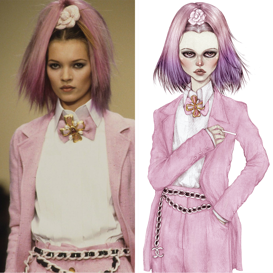 NKY18
“Kate In Chanel” by Skinny Nicky shows a portrayal of Kate Moss with pink and purple hair wearing a pink Chanel suit and matching chain belt, inspired by a look seen on the Chanel runway.