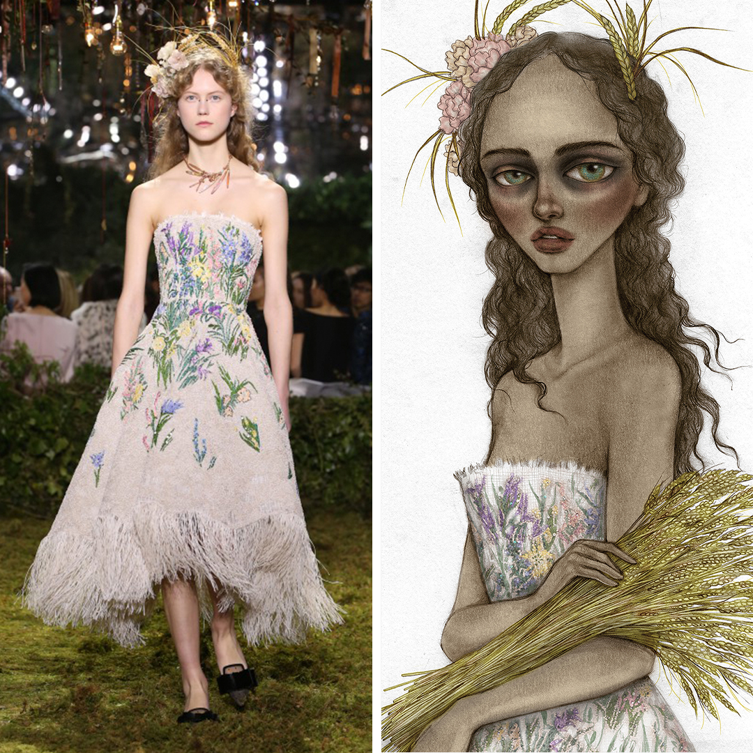 “Lady Harvest” by Skinny Nicky shows a woman wearing a strapless gown and flowers in her hair while holding a bouquet of pampas grass, inspired by a look seen on the Chanel runway. 