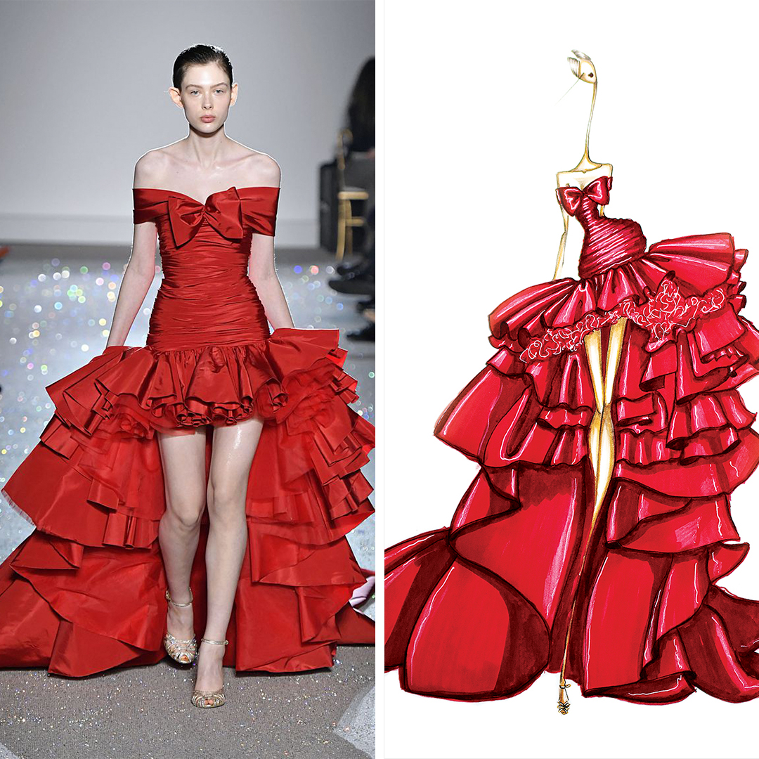 “Giambattista Valli Red” by Sofie Nordstrøm shows a woman with an elongated neck wearing a red, ruffled Giambattista Valli gown, inspired by a look seen on the Giambattista Valli runway.