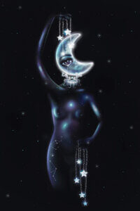 A nude woman with a crescent moon-shaped head holding strings made of stars and constellations on her body against a dark night sky