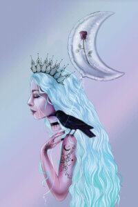 The profile of a female with long, silvery-white hair wearing a black crown and necklace, with floral tattoos on her arm and a raven perched on her left shoulder, holding a crescent moon-shaped balloon against a pastel-colored background