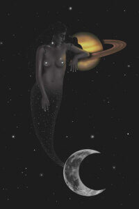 A mermaid with a tail adorned with stars and a crescent moon-shaped fin leaning on Saturn against a dark night sky