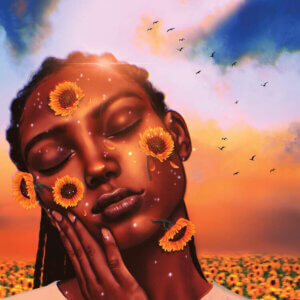 A black female with her eyes closed, her hand on her cheek, and sunflowers falling against her face against a sunny background and sunflower field