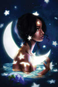 The profile of a woman with dark hair sitting in water with a crescent moon impaled through her body and stars glowing around her