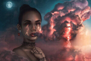 A dark haired female blowing dark clouds through her mouth, with thunderbolts coming from her glowing red eyes against a stormy background