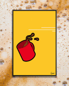 “Flash Morning 1” by Grégoire "Léon" Guillemin shows a red mug mid-fall as coffee spills out against a yellow background.